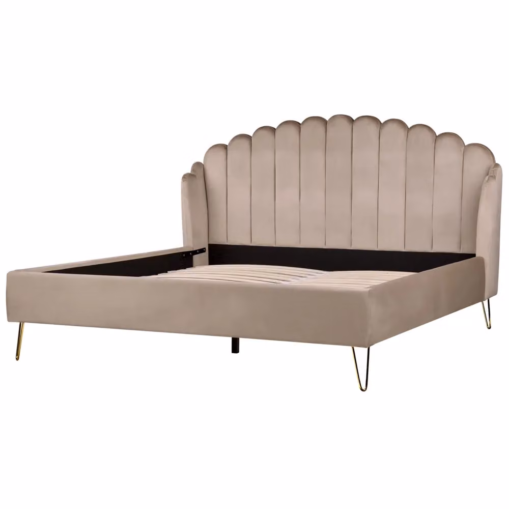 Letto matrimoniale Beliani in velluto beige con testiera a conchiglia e gambe in metallo L: 160 cm, P: 200 cm – 2