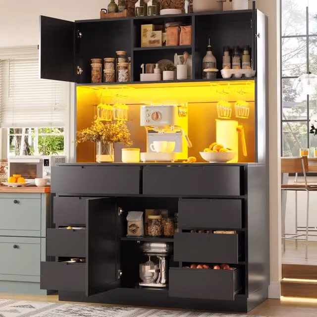 Armadio da cucina REDOM nero in MDF con 8 cassetti, ante a battente e illuminazione LED, L 120 cm x P 40 cm x H 183,5 cm