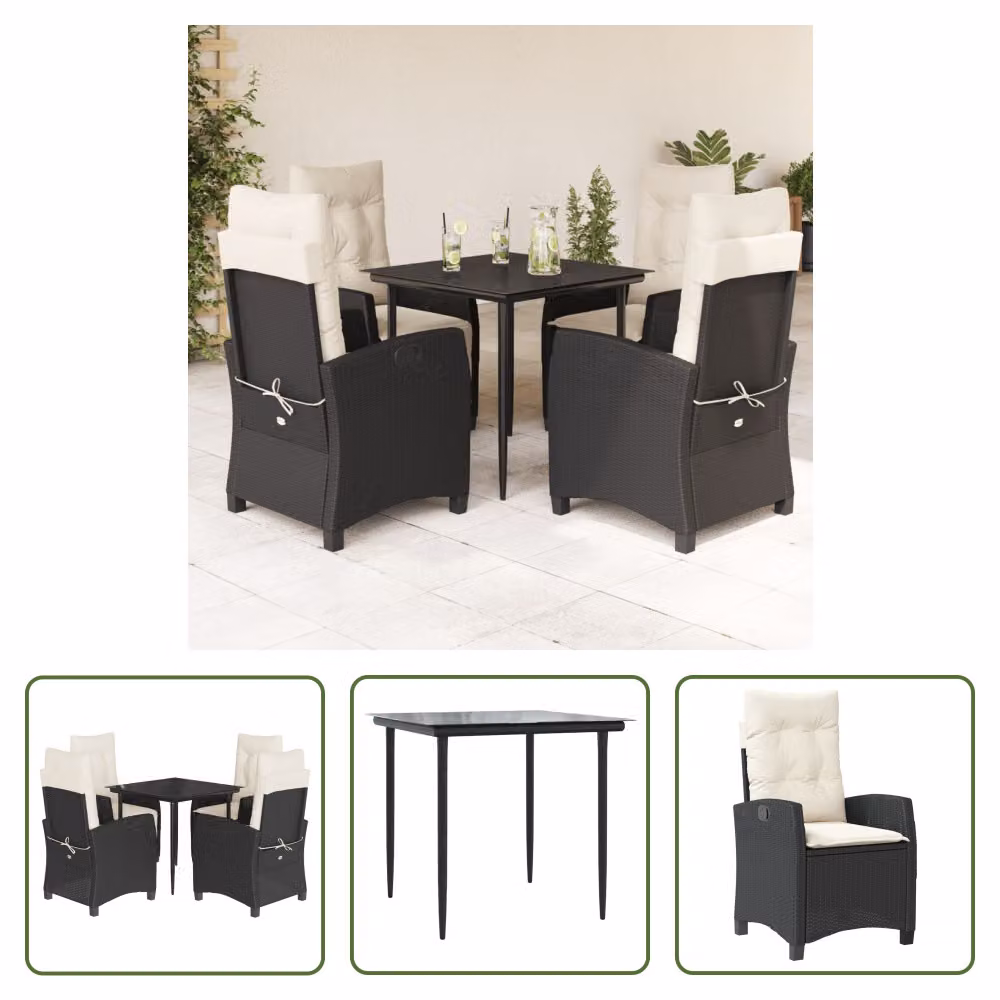 The Living Store Set da pranzo da giardino 5 pezzi con cuscini in poly rattan nero