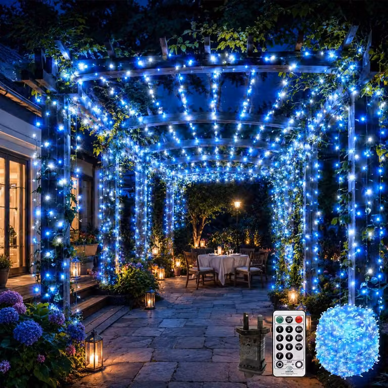 Catena luminosa da 100 metri con 600 LED, grado di protezione IP44, timer, telecomando, 8 modalità, colore blu e bianco