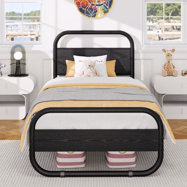 Letto singolo con struttura in metallo, dimensioni 90x190 cm, con spazio contenitivo, colore nero