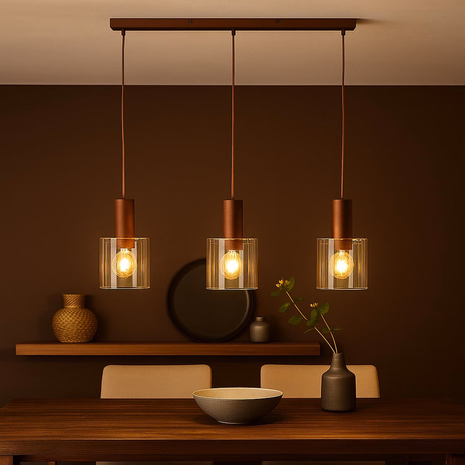 Lampada a sospensione a 3 luci, dimensioni 90x20x120 cm, realizzata in vetro, colore caffè/ambra
