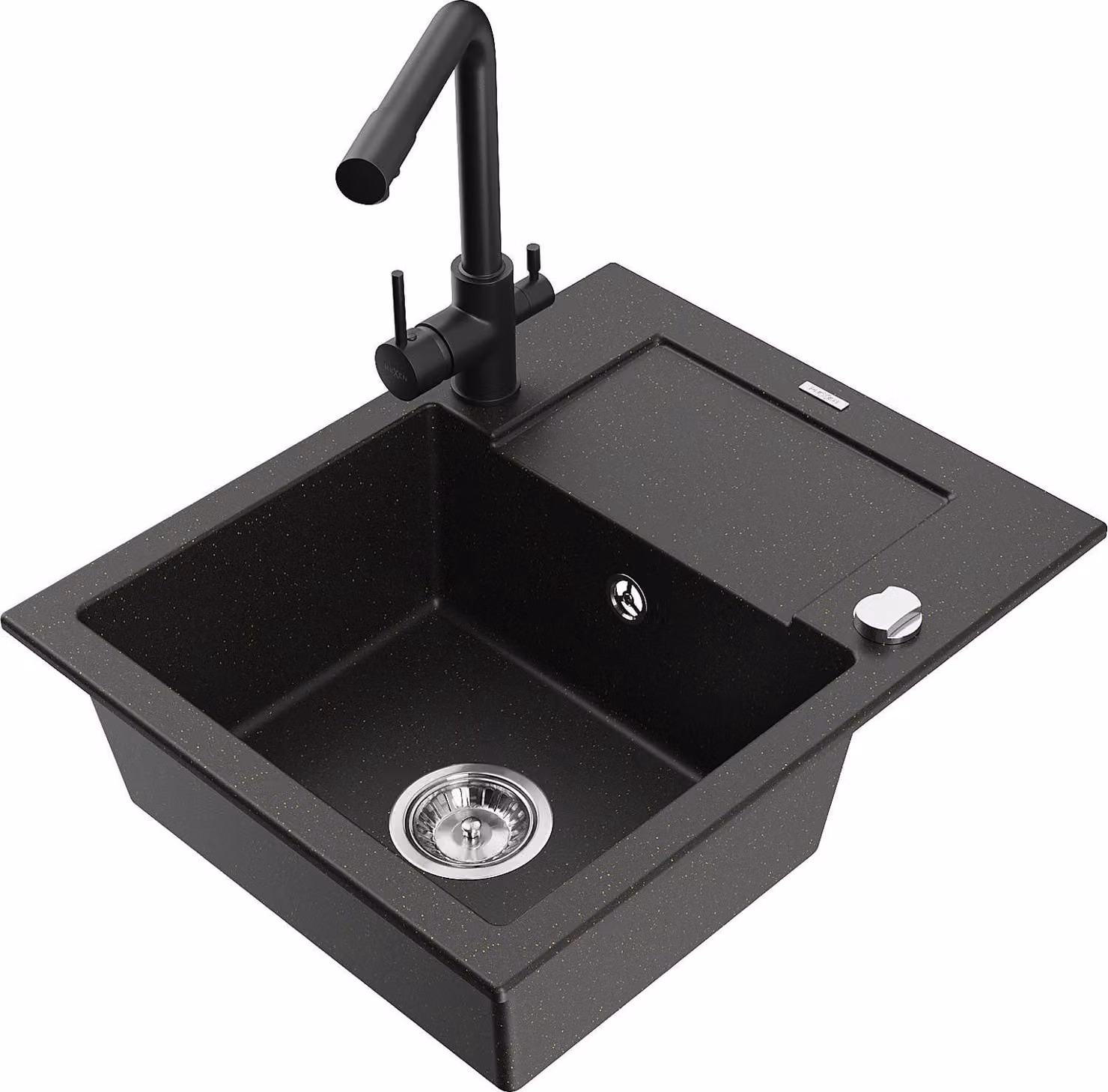 Mexen Enzo lavello in granito a 1 vasca con sgocciolatoio e rubinetto da cucina Duero, nero/oro metallizzato - 6506-75-671600-70