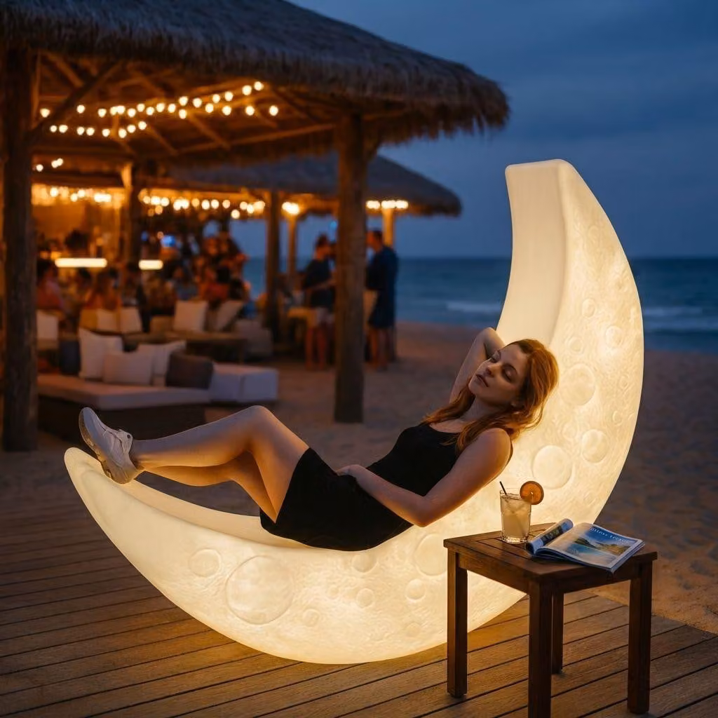 Milani Home - lettino luminoso da esterno a forma di luna, 150 x 40 x 85 cm, in polietilene, per giardino terrazzo e area lounge