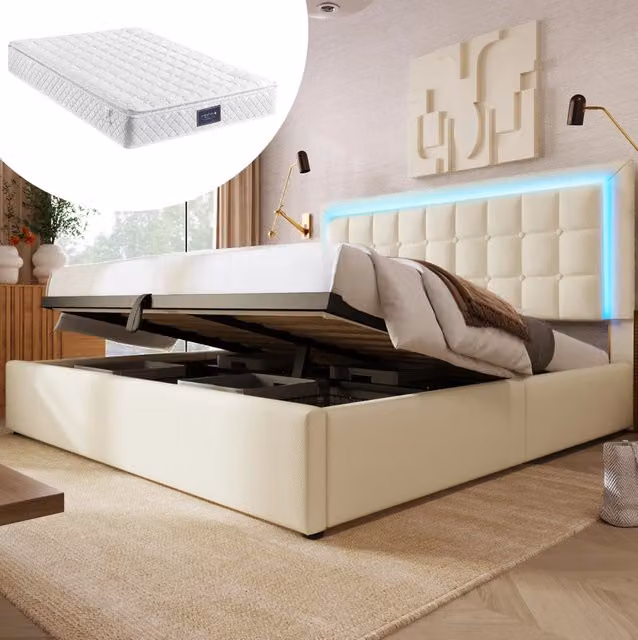 Letto contenitore 140x200 cm con sollevamento idraulico; LED e materasso; PU bianco