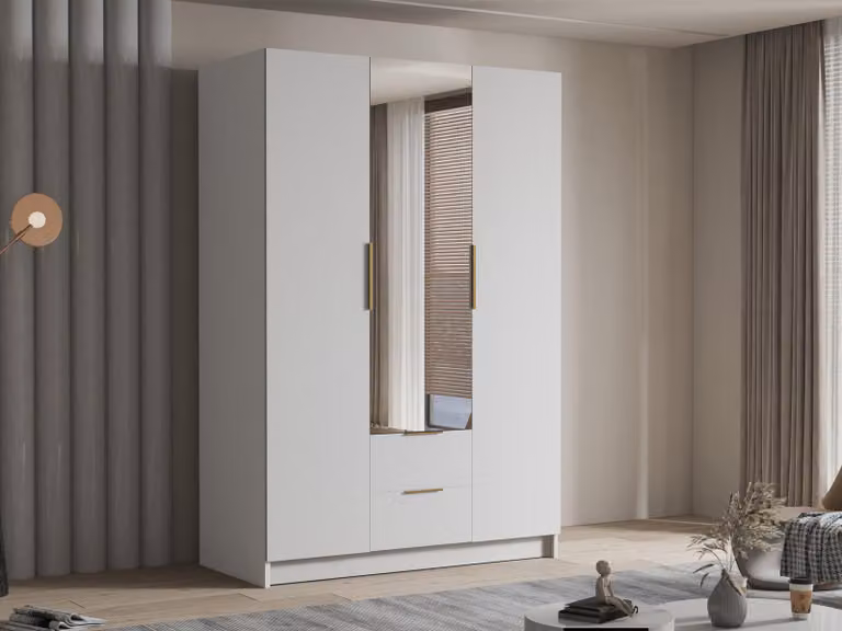 MIRJAN24 Armadio Calwi II 150, camera da letto, con specchio, armadio a battente, con asta appendiabiti, moderno, armadio, maniglie in metallo (colore: bianco + oro)