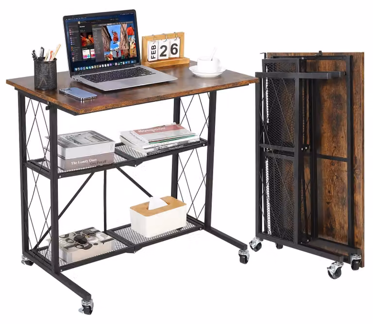 Scrivania pieghevole con 3 ripiani - Scrivania portatile per laptop - Struttura in metallo - Ruote - Ampio spazio di stoccaggio - Assemblaggio richiesto - Marrone