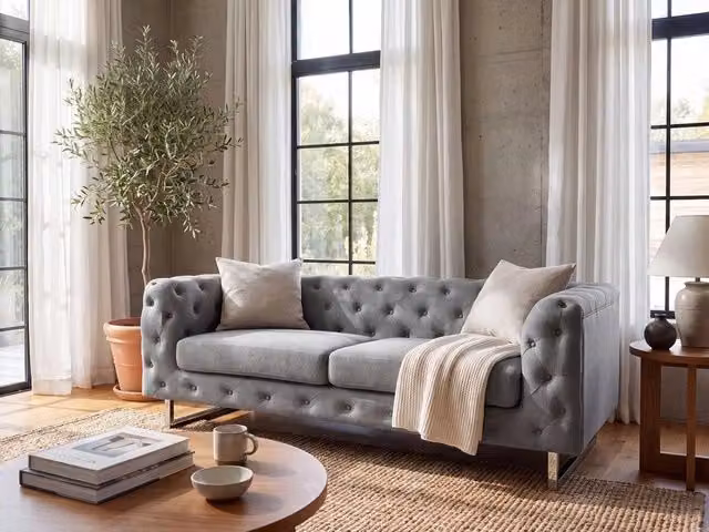 Divano Chesterfield a 2 posti BELIANI in tessuto grigio con cuscini inclusi per il tuo soggiorno – 1