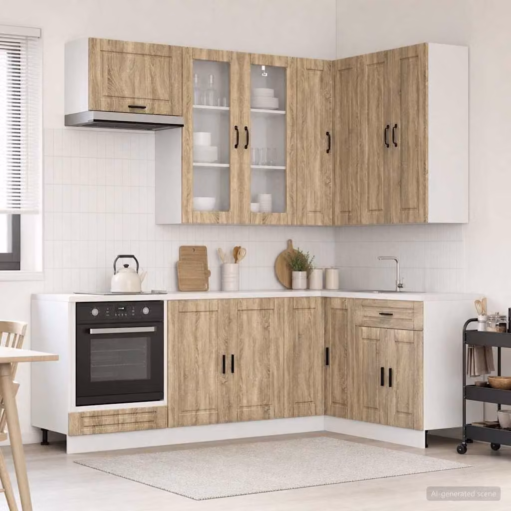 Unità Cucina vidaXL PORTO 8 Pezzi in Rovere Sonoma, Design Moderno con Ante in Vetro e Mensole Aperte, Colore Marrone