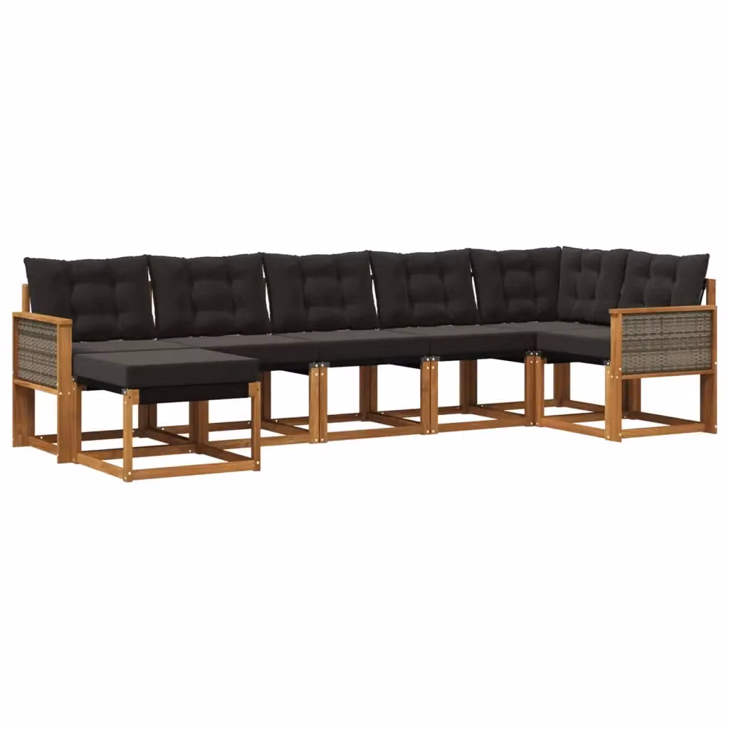 Set di divani da esterno vidaXL a forma di U composto da 7 pezzi in legno di acacia con cuscini, colore marrone e nero – 2