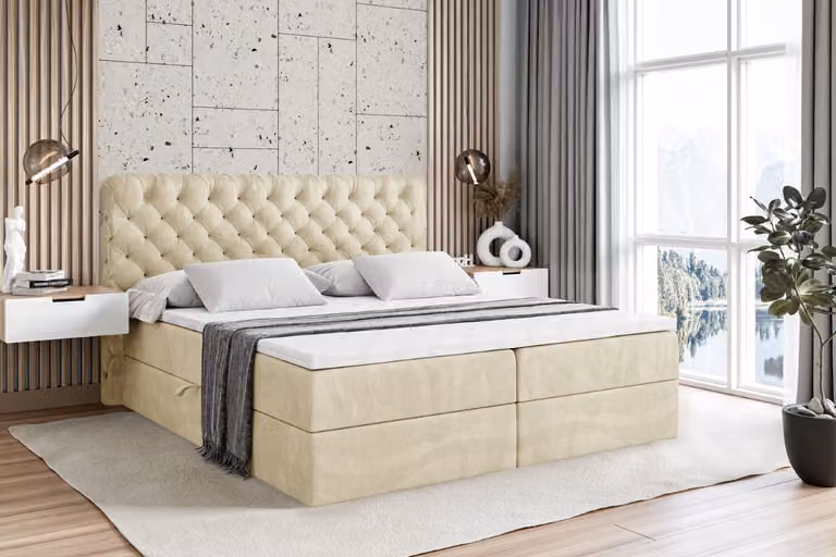 Letto boxspring ALTDECOR con testiera e contenitore BOXI8, letto imbottito con materasso H3 - 140x200 - Velluto beige