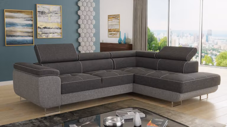 Divano angolare Caris con funzione letto e poggiatesta regolabili, salotto componibile, divano letto, divano letto, divano, divano (grigio + grigio scuro (Sawana 21 + Sawana 05), divano angolare destro)
