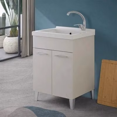 Mobile lavatoio Moon con vasca in ceramica e kit di scarico, colore grigio calce, L: 60 cm, P: 50 cm