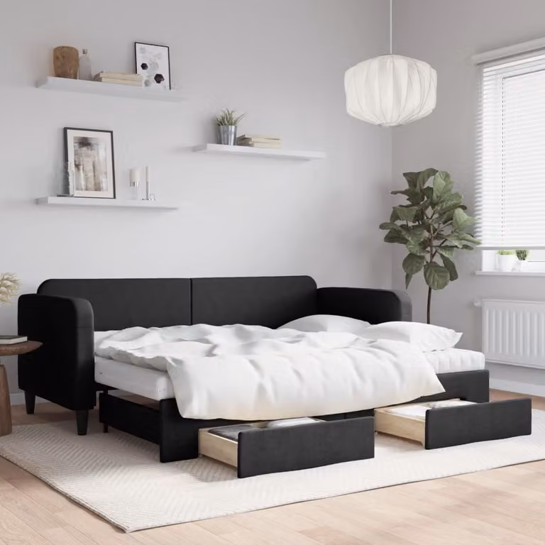vidaXL Divano Letto Estraibile con Cassetti in Tessuto Nero L: 200 cm, P: 80 cm, H: 75 cm