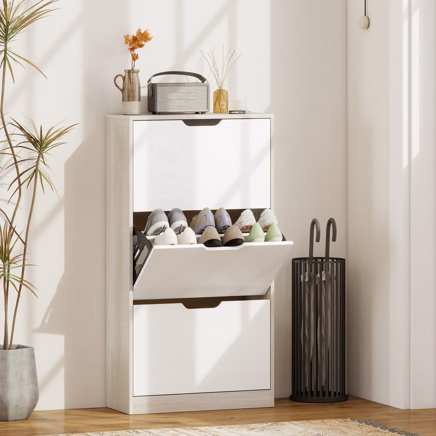 Scarpiera Slim HOMCOM con 3 Cassetti per 18 Paia di Scarpe, Colore Legno e Bianco, L: 62.5 cm, P: 26 cm, H: 117.5 cm – 2