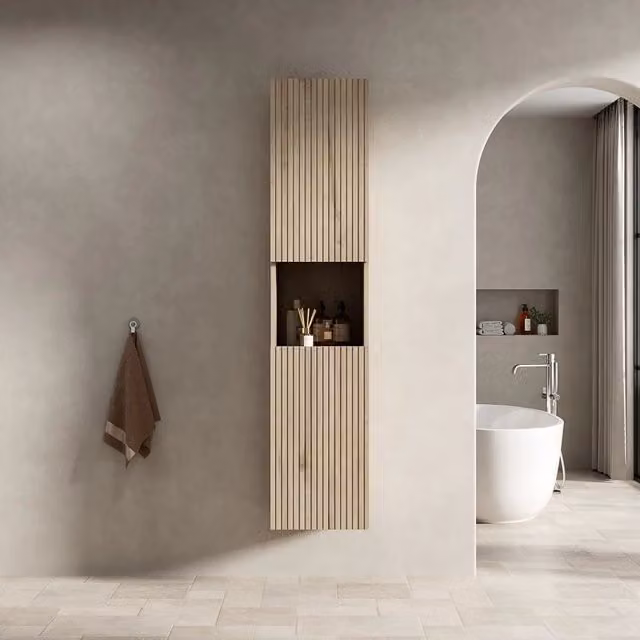 Armadietto da bagno con 2 ante, vano aperto e ripiani regolabili, in compensato, per bagno, rovere bianco, 160 cm