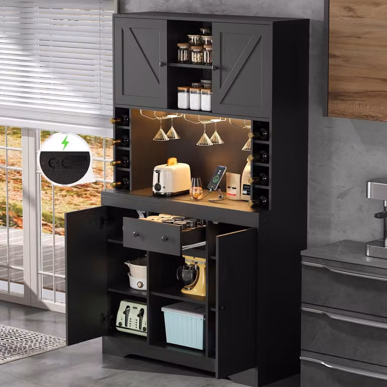 Mobiletto da cucina/credenza con prese elettriche e illuminazione LED, dimensioni 180x105x40 cm, colore nero