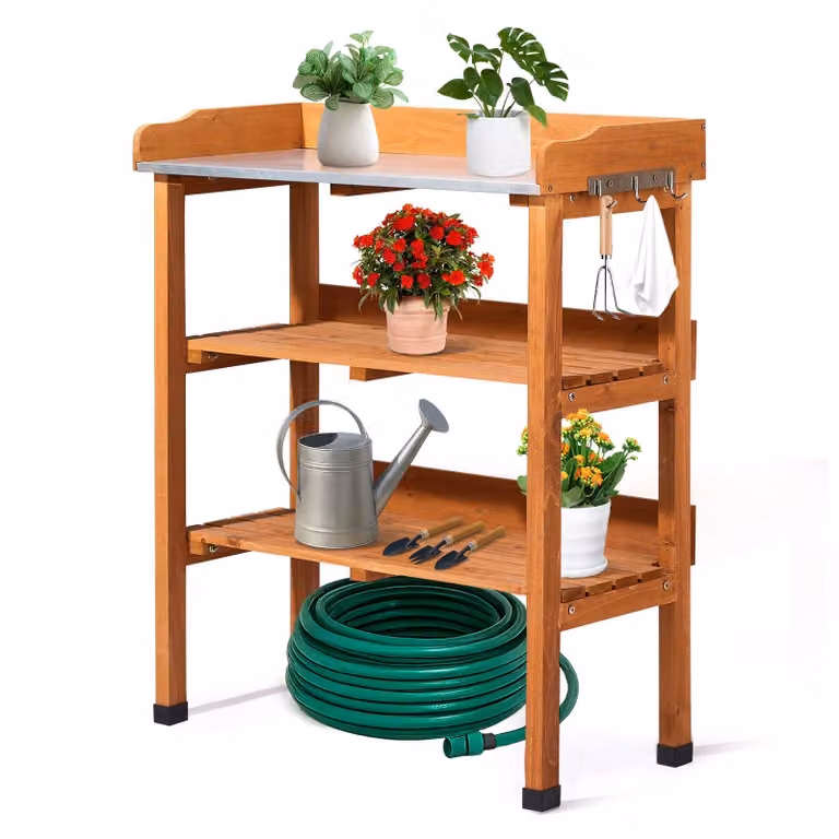 Tavolo da lavoro per giardinaggio ALIGHTUP, con 3 ripiani, piano di lavoro zincato, tavolo da giardino per piante, adatto per esterni, resistente alle intemperie, dimensioni 74x36x90 cm, colore legno