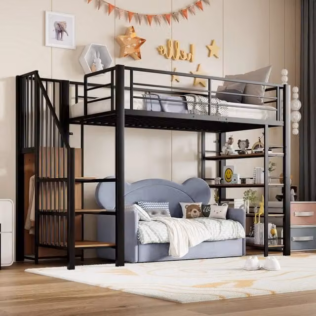 Letto a castello 90 x 200 cm con scala di sicurezza, contenitore e piccolo armadio, ripiani, recinzione alta, per ragazzi, Nero (SKU LDB00162AAB)