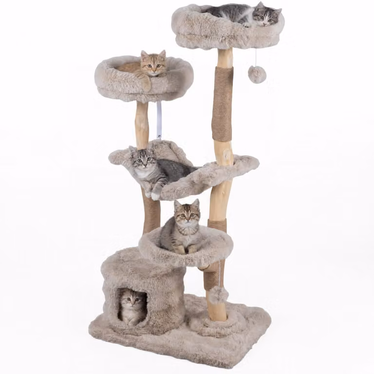 KOMFOTTEU, albero per gatti da 147 cm, con amaca, cuccia e 3 piattaforme. Tiragraffi per gatti in peluche e legno massello, struttura a più livelli con colonne per graffiare e 2 palline in peluche per gatti