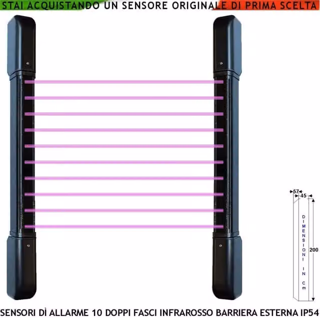 Barriera Infrarossi Attivi Multifasci Securvera Nero H 200 cm con Allarme Intruso e Relè Libero