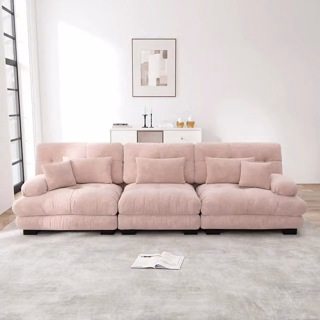 Divano angolare modulare - Xylo - 3 posti con seduta profonda, trasformabile in letto, chenille rosa