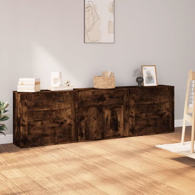 vidaXL Credenze 3 pz. Materiale a base di legno di quercia fumé