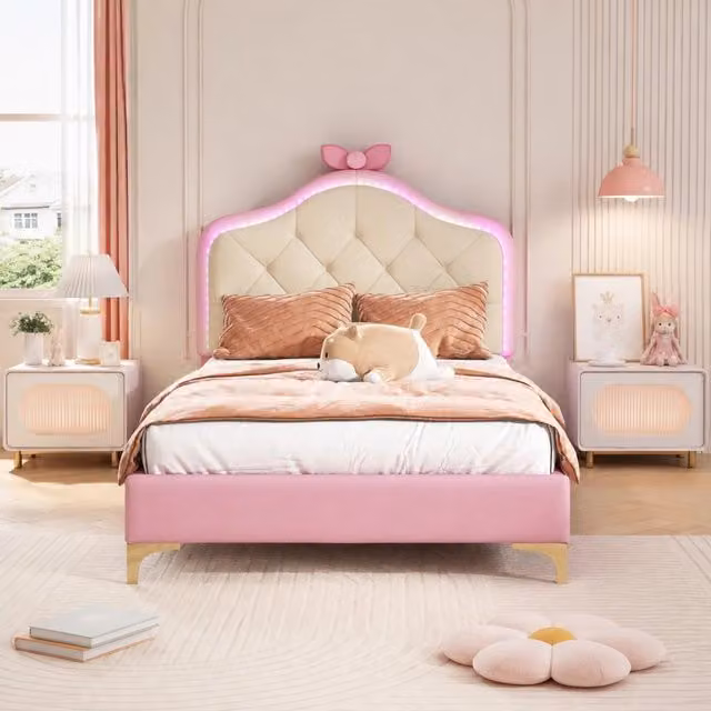 Letto singolo imbottito MODFU con LED multicolore e testiera ondulata in similpelle rosa e bianco, L/P/H: 90 x 200 cm