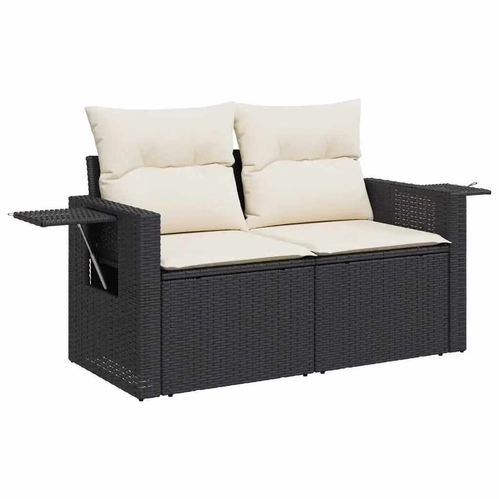 Divano da giardino a 2 posti Design Mania in polyrattan nero con cuscini bianchi e coperture rimovibili L: 124 cm, P: 69 cm, H: 62 cm – 2