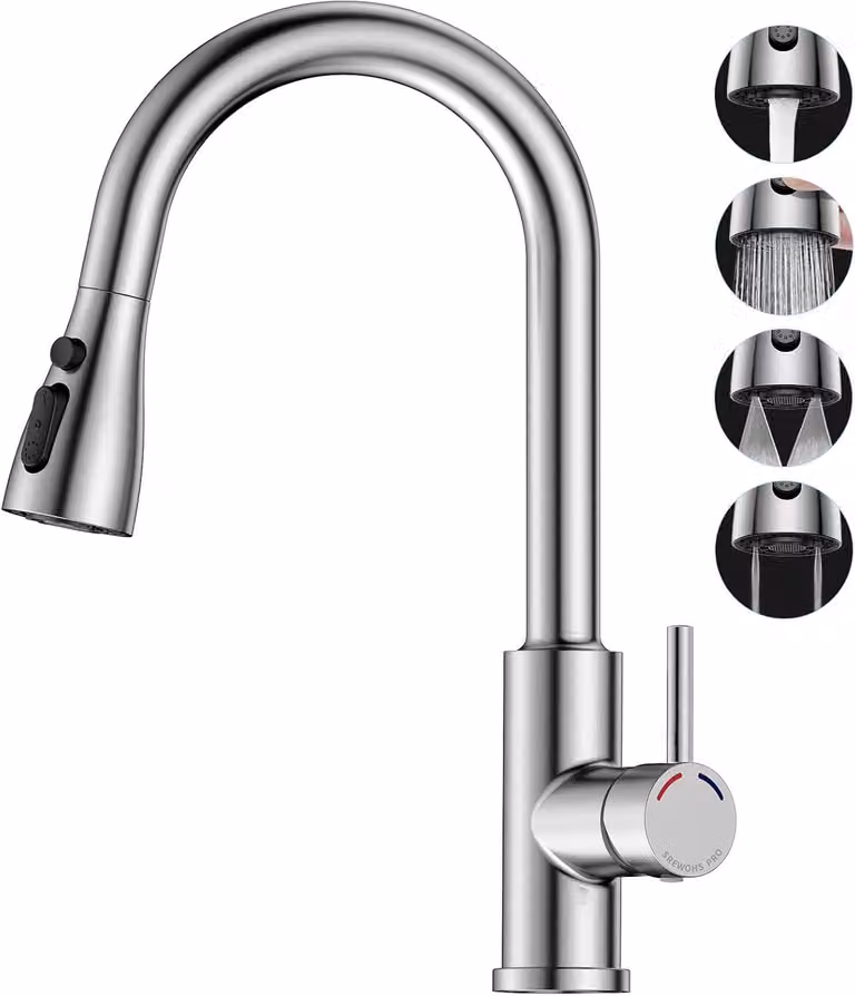 Miscelatore da cucina con doccetta estraibile, 4 getti, 187 mm, girevole a 360°, per lavello, finitura nickel