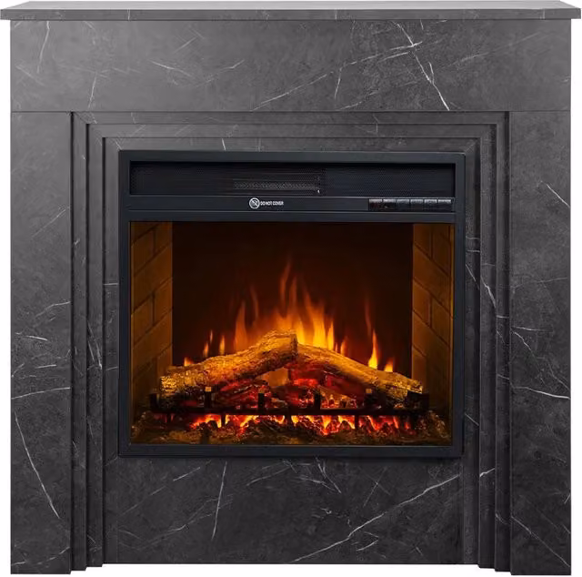 Bellini - Camino Elettrico Da Terra con Effetto Fiamma 96x96x35 cm in Legno Effetto Marmo Nero