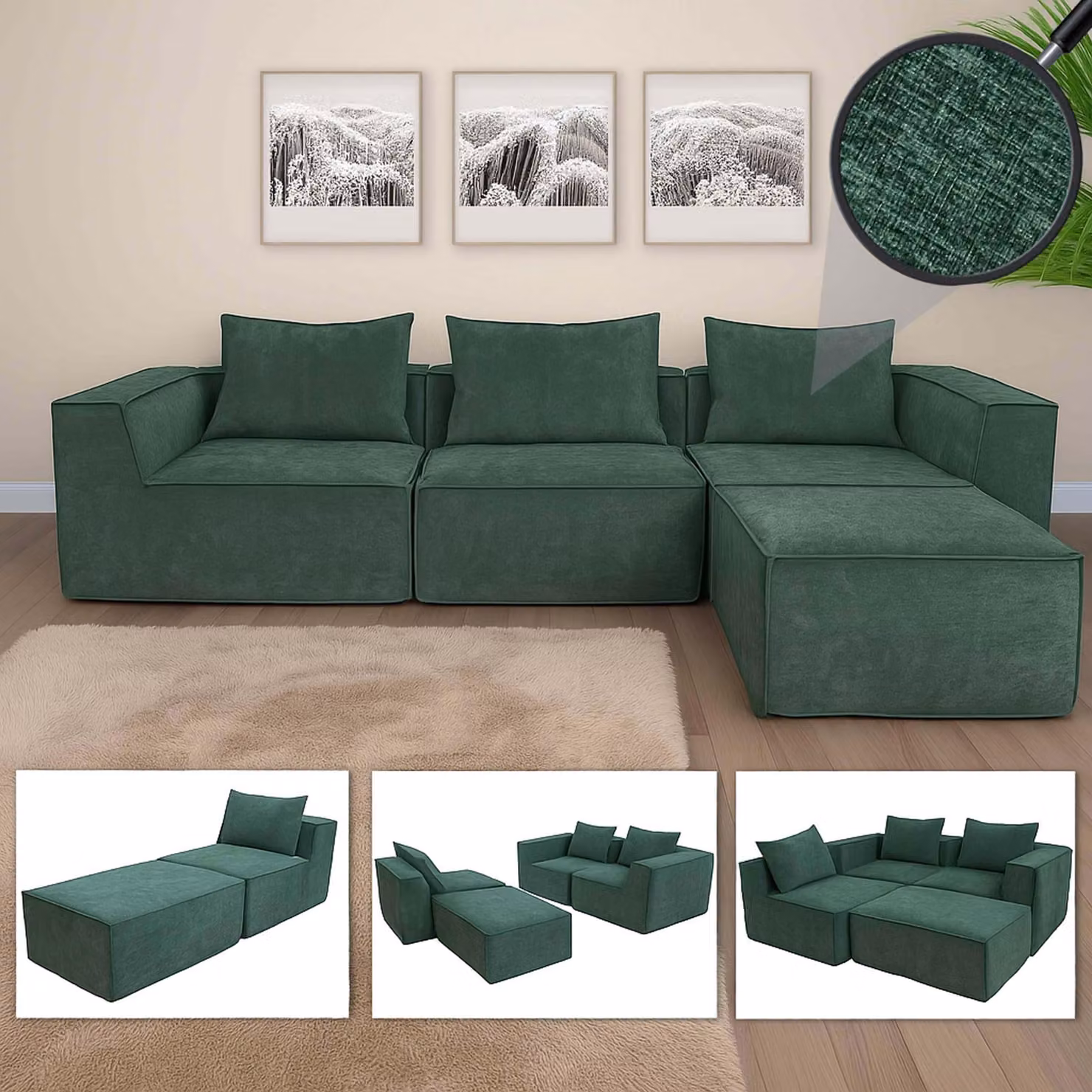 Divano a L MCW-O54, divano lounge con pouf, modulare estensibile a destra/sinistra, tessuto 63x270x190 cm ~ verde