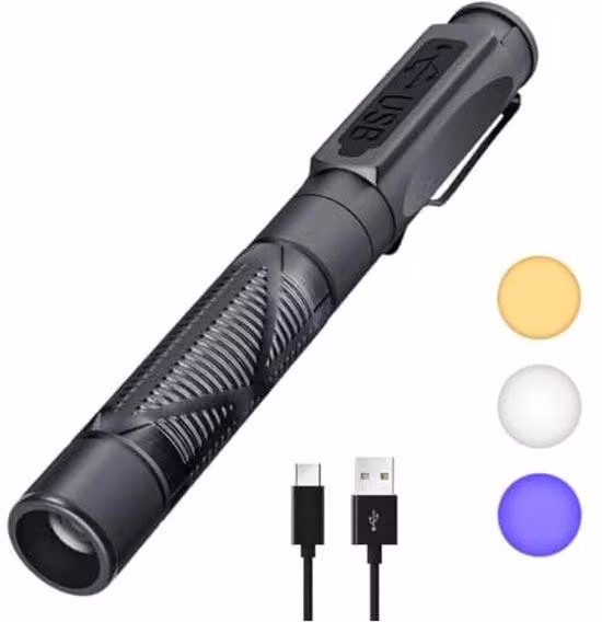Torcia a LED, ricaricabile, interfaccia USB, portatile, torcia a LED a forma di penna, con clip.