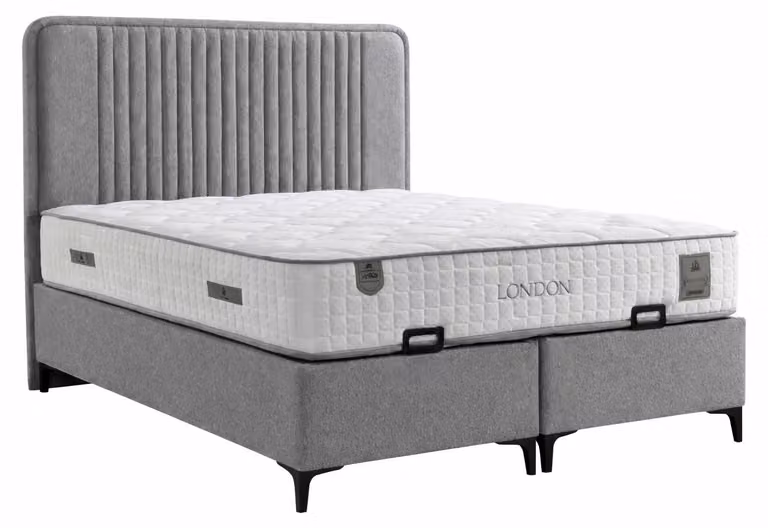 Letto con materasso grigio, stile moderno, imbottitura morbida, con contenitore