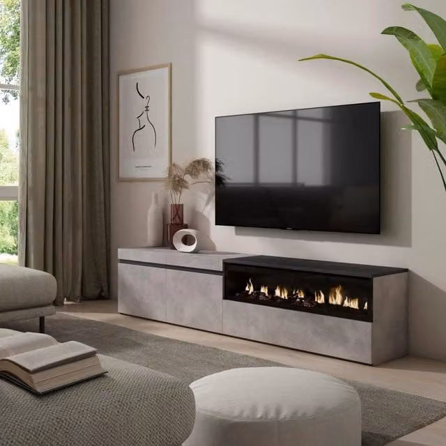 Mobile TV, 200x35x45cm, soggiorno, Per TV fino a 80", Camino elettrico, grigio cemento RF2229