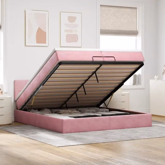 Letto con contenitore a sollevamento vidaXL in velluto rosa e bianco con materasso a molle L/P/H: 200 x 200 x 88 cm – 1