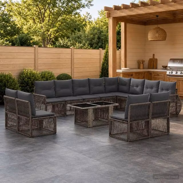 Set Divano da Giardino a L vidaXL in Polyrattan Grigio e Antracite con Tavolino e Cuscini