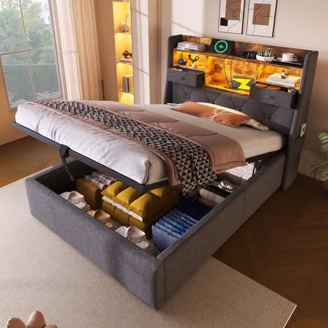 Letto singolo 90×200 cm con vano idraulico, LED, 3 USB e Type-C, senza materasso, testiera imbottita in lino grigio