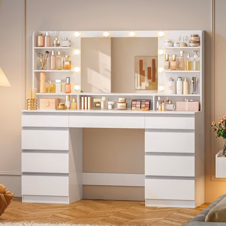 Comò con grande specchio - 10 luci LED regolabili - Larghezza 150 cm - Materiale: legno - Arredamento per la camera da letto