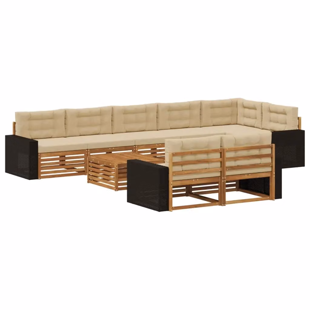 Set di divani da esterno a forma di U vidaXL in legno di acacia color beige con 9 pezzi e cuscini inclusi – 2