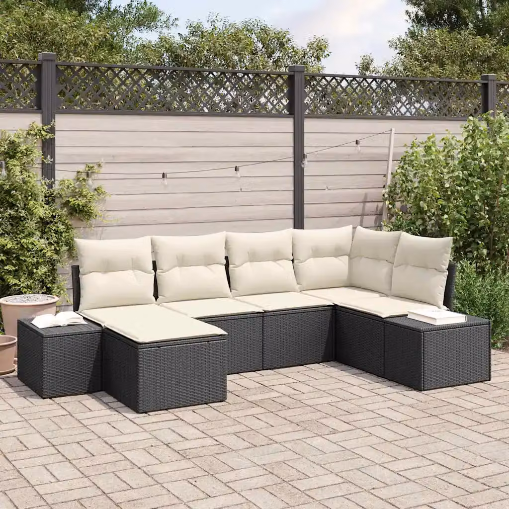 Set Divano da Giardino a L vidaXL 6 pz Nero e Beige con Poltrona e Cuscini in Polyrattan e Acciaio