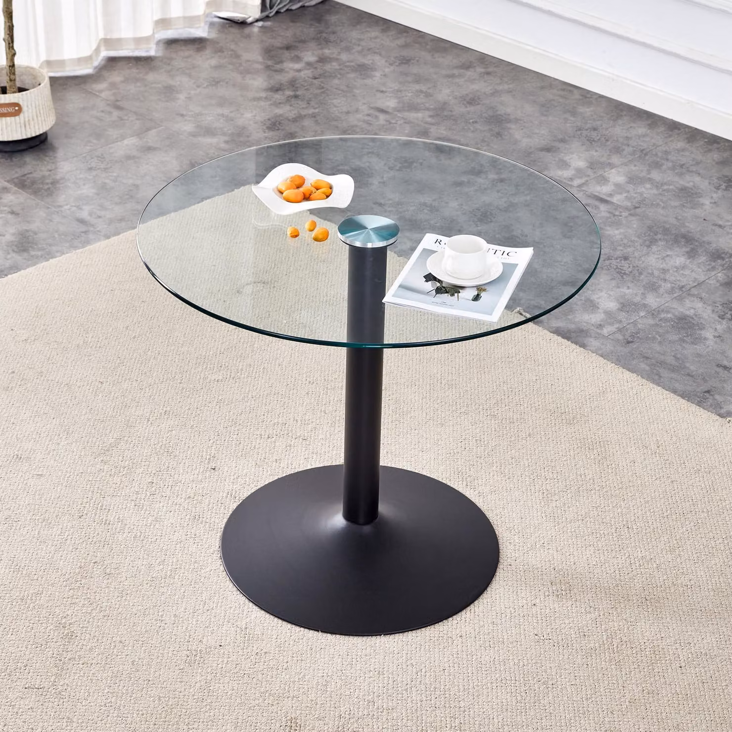 MODFU Tavolino da caffè, tavolo minimalista con travi in vetro, struttura rotonda in metallo, tavolino, per soggiorno o terrazza, nero