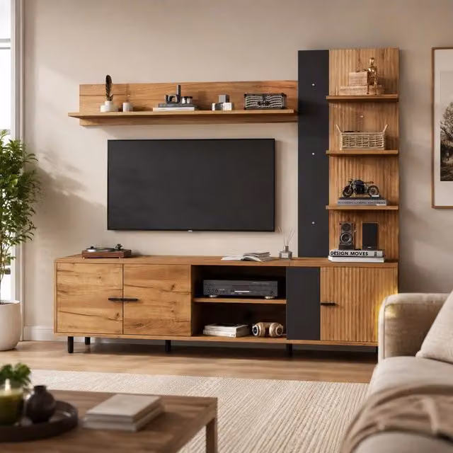 Parete TV 187.5x40x167 cm con 3 armadi e ripiani aperti in pannello truciolare; naturale e nero
