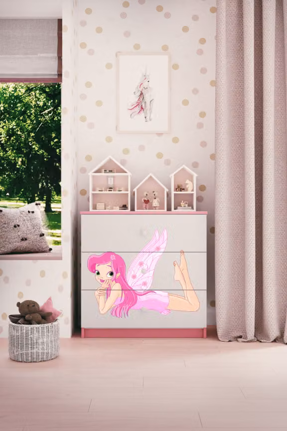 Cassettiera per bambini elfo con ali nel colore rosa Babydreams