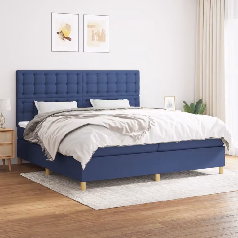 The Living Store Letto a molle con materasso blu 200x200 cm in tessuto