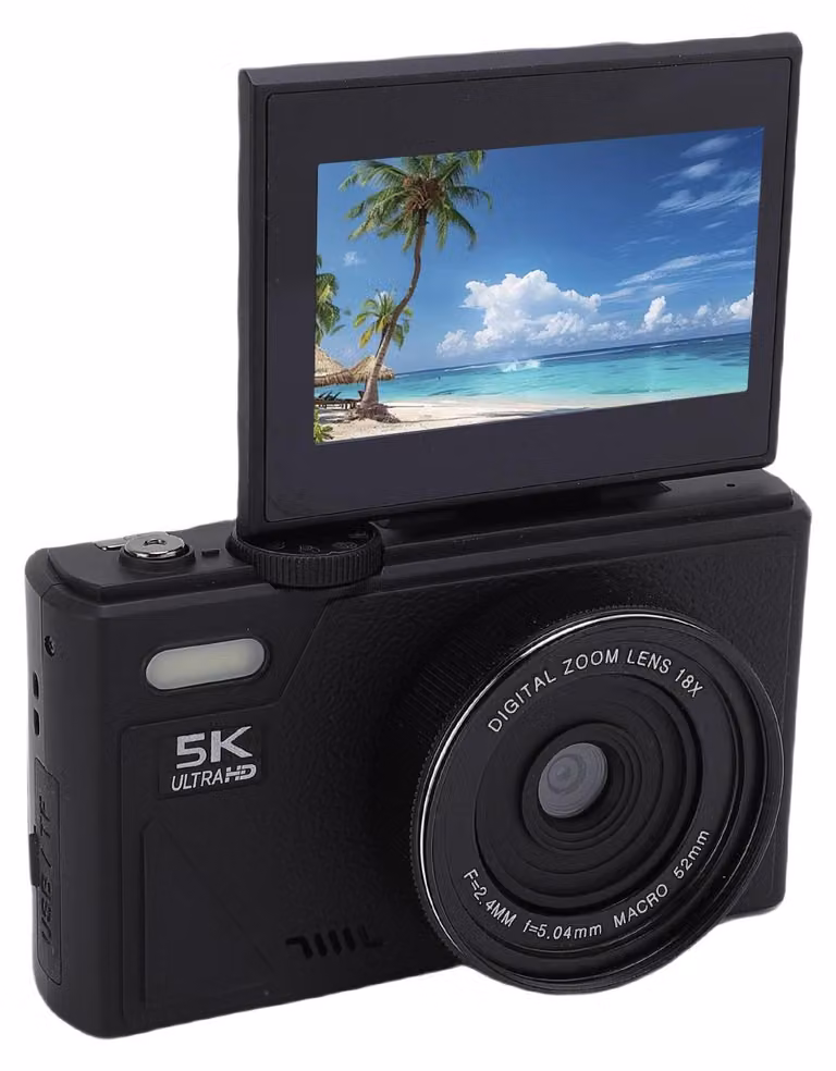 Fotocamera digitale 5K per fotografia, anti-vibrazioni, WiFi, 75 MP, vlog, autofocus, video con zoom 18x, viaggi, 32 G, nero