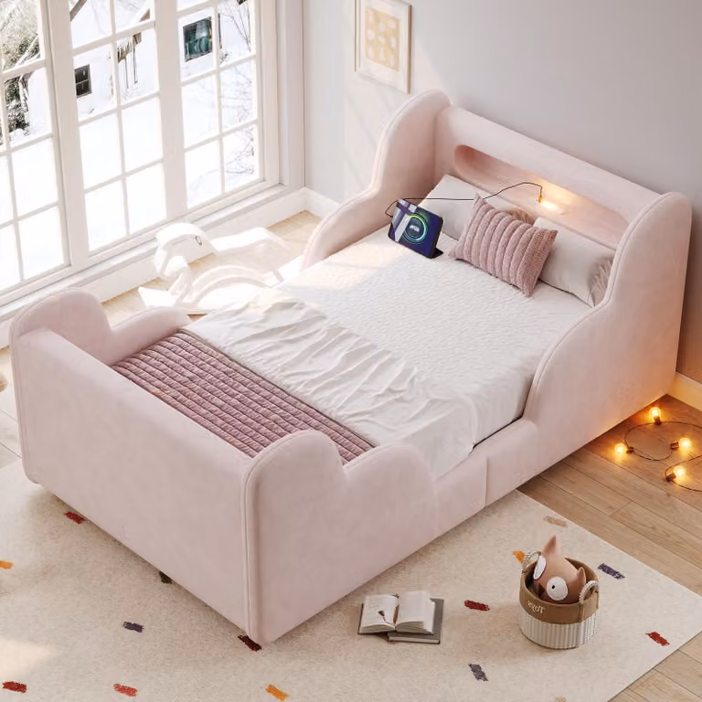 Letto per bambini imbottito Merax 90x200 cm con spondine di protezione, luce notturna, letto singolo con porte USB e Type-C, vani portaoggetti, rivestimento in velluto, letto Montessori, rosa