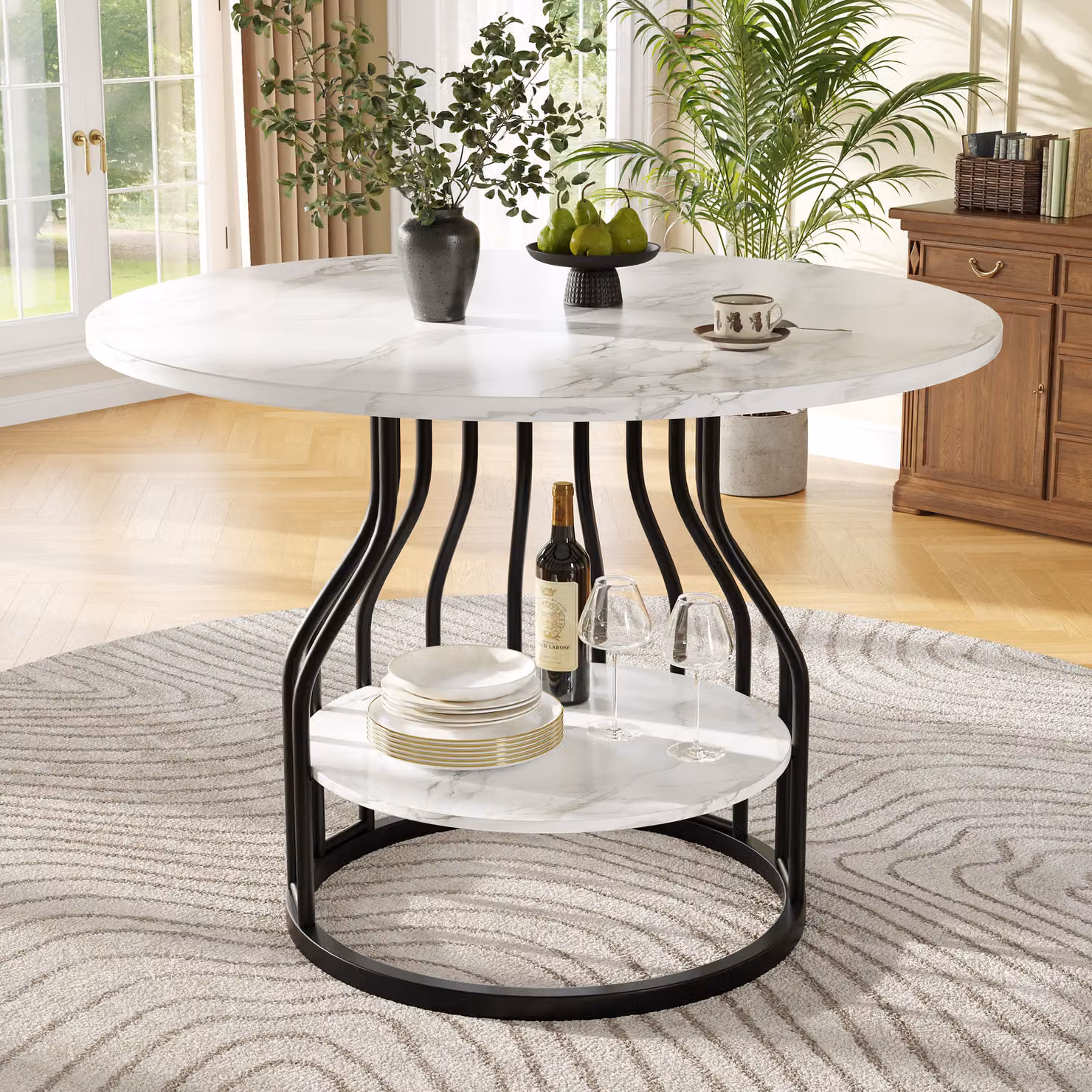 Tavolo rotondo Flieks con piano centrale portaoggetti, tavolo da pranzo 80x80x76 cm, tavolo da cucina con piano marmorizzato e gambe in metallo nero