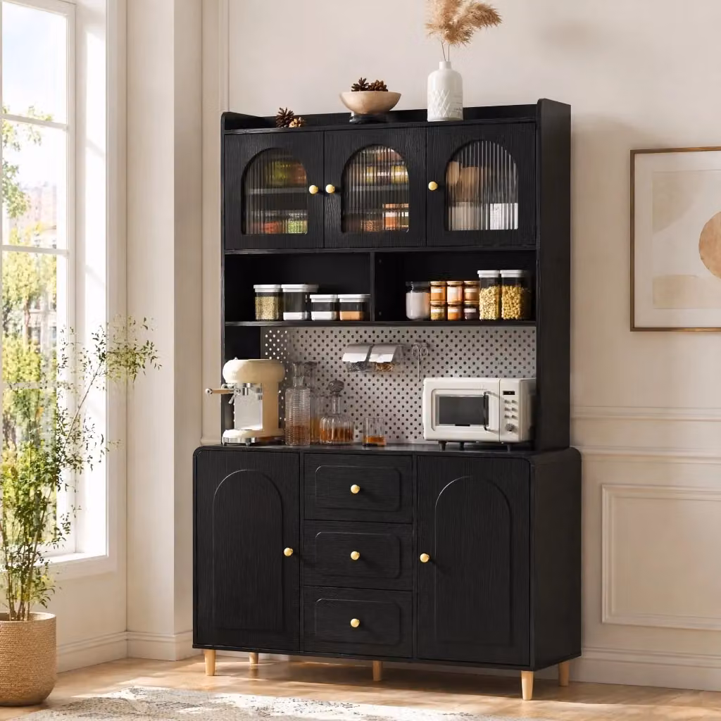Credenza alta Mivray nera con ante in vetro e cassetti, ideale per cucina o sala da pranzo, L/P/H: 120 x 40 x 190 cm – 2