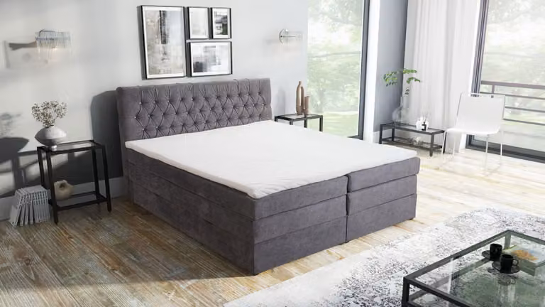 Letto matrimoniale con rete a molle Bonell, dimensioni 180x200, modello "Hotel", completo di materasso, topper e contenitore per biancheria